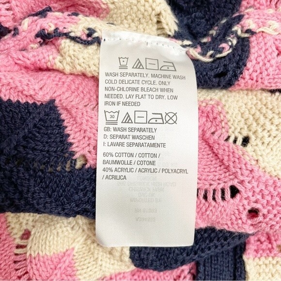 Laurie Felt Pointelle Knit Maxi Cardigan Duster Sweater Navy Pink Tan Size XXS - Picture 14 of 16